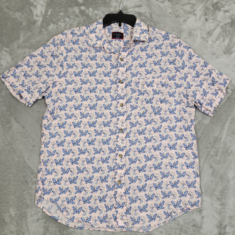 UNTUCKit Mens M Pink Blue Floral Print 100% Linen Short Sleeve Button Down Shirt